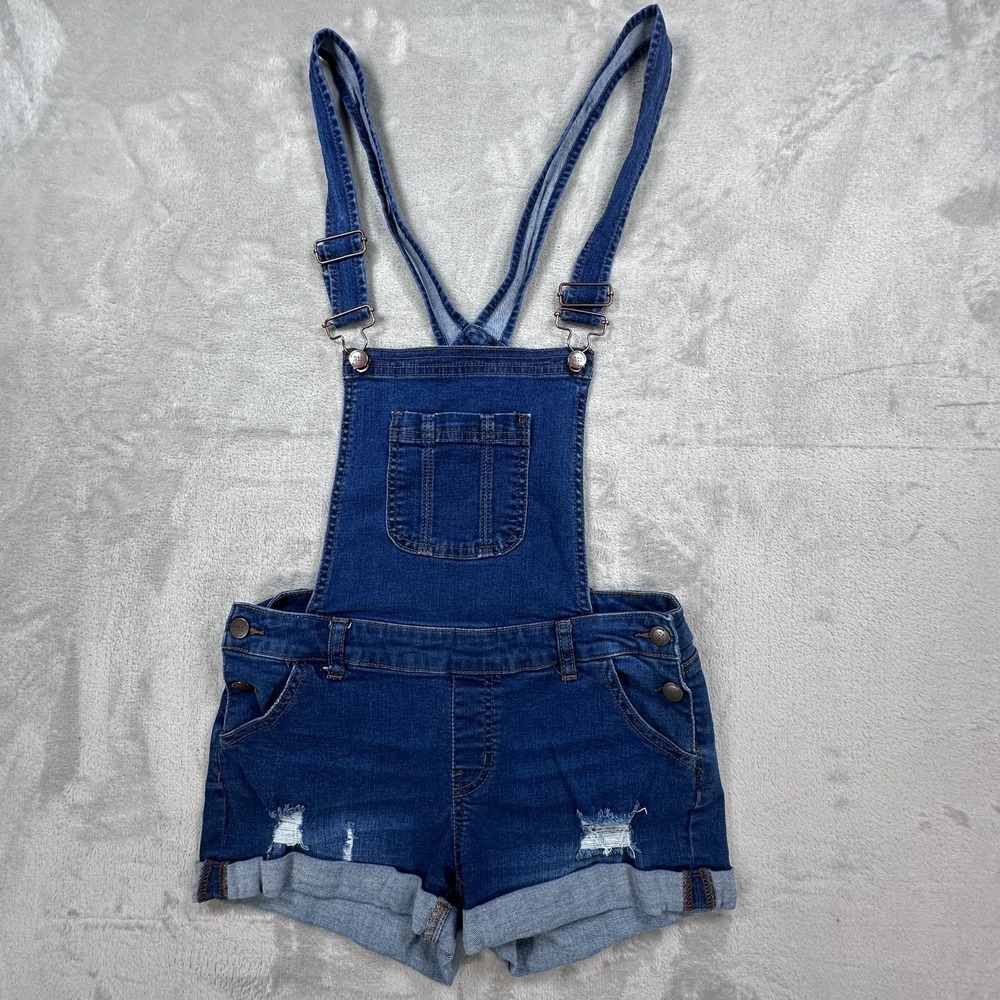 Wax Jean Overall Shorts Women S Blue Denim Dark Wash Distressed Adjustable Strap